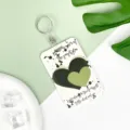 INS style clear acrylic ID badge card holder with cute double hearts pattern and lanyard clip. - English Black Green Heart / Leather Strap Round Buckle