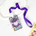 Dopamine clear ID card holder with purple lanyard cute cat badge case for students - Purple Checkerboard Cat + Purple Lanyard