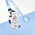 Cute cartoon cow ID card holder with neck lanyard student bus pass protective case blue - Strawberry Cow / Rainbow Little Goose Long Lanyard