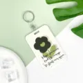 Green floral card holder with keyring, stylish ID badge protector and lanyard cover 1pc - English Green Leaf Black Flower / Leather Strap Round Buckle