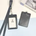 Black leather ID badge holder with lanyard, double card slots, professional work card case. - Black Leather Holder + Black Hook Long Lanyard