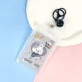 Clear PVC ID card holder with cute rabbit design, black keychain and bell for student work. - Gray Background Grey Rabbit Paper Card (Black Bell Lobster Clasp)