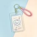 Transparent plastic ID badge card holder with pink braided strap and cute rabbit card - Pink Background White Rabbit Paper Card (Pink Wrist Strap)
