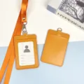 Orange leather ID card holder with neck lanyard, stylish double card slot badge holder variant. - Orange Leather Holder + Orange Hook Long Lanyard