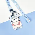 Cute cartoon cow ID card holder with lanyard for student bus pass badge protective case - Big Head Cow / Rainbow Little Goose Long Lanyard