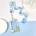 Clear plastic card holder with blue lanyard and cute cartoon design for ID bus card - Cow On Meadow With Strawberry Cat Extendable Lanyard / Sliding Transparent / Blue Smiley Accessory