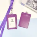 Purple leather badge holder with lanyard, dual card slots for work ID or student card. - Purple Leather Holder + Purple Hook Long Lanyard