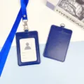 Blue leather work badge card holder with lanyard, double card slots for students and staff. - Dark Blue Leather Holder + Dark Blue Hook Long Lanyard