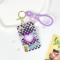 Dopamine check pattern transparent card holder with purple strap and cute cat stickers key chain - Purple Checkerboard Cat + Silicone Keychain