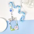 INS transparent ID card holder lanyard set with cute blue cow peach cartoon design variant. - Peach Cow With Strawberry Cat Extendable Lanyard / Sliding Transparent / Blue Smiley Accessory