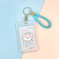 Transparent ID card holder with blue braided lanyard, cute bird design badge case for students. - Blue Background White Goose Paper Card (Medium Blue Wrist Strap)