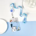 Ins Style Transparent Plastic Card Holder with Cute Cartoon Strap for Bus Card ID Badge - Strawberry Cow With Strawberry Cat Extendable Lanyard / Sliding Transparent / Blue Smiley Accessory