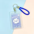 Transparent ID card holder with blue braided lanyard and cute bear insert card, durable. - Dark Blue Background White Bear Paper Card (Dark Blue Wrist Strap)