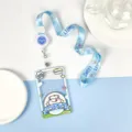 Clear plastic card holder with blue lanyard cute cartoon milk design ID badge case id-01 - Apple Cow With Strawberry Cat Extendable Lanyard / Sliding Transparent / Blue Smiley Accessory