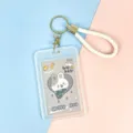 Clear PVC ID card holder with white woven hand strap and cute cartoon rabbit insert. - Gray Background Grey Rabbit Paper Card (White Wrist Strap)