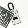 Transparent card sleeve with black coil keychain featuring cute cartoon black cat and quotes. - Paper Black Cat (Black Double Circle Spring Rope)