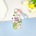 Cute cartoon cow peach card holder keychain with strap, student bus ID badge protective case. - Peach Cow / Blue Lucky Bag Hand Strap