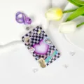 Dopamine purple checkerboard ID badge card holder with cute cat stickers and lanyard. - Purple Checkerboard Cat + Bell Clasp