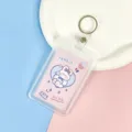 Transparent Card Holder Cute Bunny Badge Protector with Keychain for Student ID Work Badge - Pink Background White Rabbit Paper Card (Leather Strap Round Buckle)