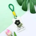Green lanyard card holder with floral design and motivational quote for student ID. - English Green Leaf Black Flower / Green Short Braided Rope