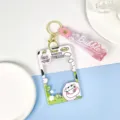 Transparent plastic card holder with cute peach cow design, keychain and pink strap variant. - Peach Cow / Sliding Transparent / Pink Gradient Keychain