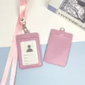 Pink leather badge holder with lanyard, dual slot ID card case for students and office workers. - Pink Leather Holder + Pink Hook Long Lanyard