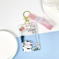 Transparent acrylic ID card holder with cute cow design, school transit bus pass case. - Strawberry Cow / Sliding Transparent / Pink Gradient Keychain