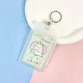 Transparent card holder badge sleeve cute student ID bus card protective case with keychain ring - Green Background Small Dinosaur Paper Card (Leather Strap Round Buckle)