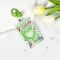 Green checkered transparent ID badge card holder with cute dog design and lanyard. - Green Checkerboard Dog + Bell Clasp
