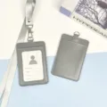 Grey leather ID card holder with lanyard, badge holder and bus pass case for office. - Gray Leather Holder + Gray Hook Long Lanyard