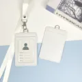 White leather badge card holder with lanyard, double card slots, minimalist design for office. - White Leather Holder + White Hook Long Lanyard