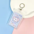 Transparent PVC ID card holder with cute cartoon insert and metal keyring, perfect for students. - Blue Background White Goose Paper Card (Leather Strap Round Buckle)