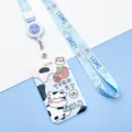 Cute cartoon cow card holder with sweet strawberry print and matching lanyard for students. - Strawberry Cow / Strawberry Cat Retractable Long Lanyard (Blue Smiley)