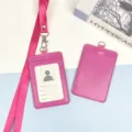Pink leather ID card holder with lanyard dual slot work badge protective cover student bus card - Rose Red Leather Holder + Rose Red Hook Long Lanyard