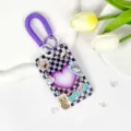Purple checkered transparent ID card holder with lanyard for student bus access badge. - Purple Checkerboard Cat + Purple Spring Cord