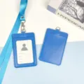 Blue leather ID card holder with neck lanyard and double card slots for office staff. - Medium Blue Leather Holder + Medium Blue Hook Long Lanyard