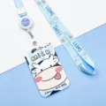 Cute cartoon cow ID card holder with lanyard bus pass protective cover student badge holder - Big Head Cow / Strawberry Cat Retractable Long Lanyard (Blue Smiley)