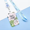 Cute cartoon cow ID card holder with lanyard for school students bus badge reel cover. - Peach Cow / Strawberry Cat Retractable Long Lanyard (Blue Smiley)