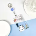 Transparent plastic card holder with blue smiley badge reel and cute cow strawberry print. - Strawberry Cow + White Retractable Buckle (Blue Smiley) / Sliding Transparent / Blue Smiley Accessory