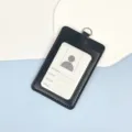 Leather badge holder vertical work ID card case with double card slots and metal ring blue. - Black Leather Holder (Without Lanyard)