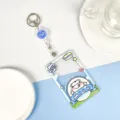 Transparent plastic ID badge holder with cute cow design, retractable reel and keychain for card. - Apple Cow + White Retractable Buckle (Blue Smiley) / Sliding Transparent / Blue Smiley Accessory