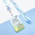 Cute cartoon cow ID badge holder with lanyard and retractable reel for student school office. - Cow On Meadow / Strawberry Cat Retractable Long Lanyard (Blue Smiley)
