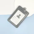 Grey leather ID badge holder with double card slots and clear window for work and school. - Gray Leather Holder (Without Lanyard)