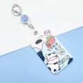 Cute cartoon cow ID card holder with retractable badge reel and keychain for school bus pass. - Strawberry Cow / White Retractable Badge Clip (Blue Smiley)