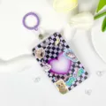 Dopamine transparent card holder with cute cat stickers and purple keychain lanyard. - Purple Checkerboard Cat + Leather Keychain