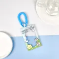 Clear Plastic ID Card Holder with Blue Coil Keychain Ins Style Bus Pass Cover for Students - Cow on Meadow + Two-tone Blue Spring Rope / Sliding Transparent / Blue Spring Rope