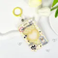 Transparent cute puppy card holder with yellow grid design and lanyard ring for school ID - Yellow Checkerboard Dog + Leather Keychain