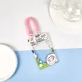 Transparent acrylic card holder with pink coil lanyard, cute cartoon id badge photo protector. - Peach Cow + Two-tone Pink Spring Rope / Sliding Transparent / Pink Spring Cord