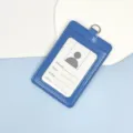 Blue leather ID badge holder with clear window and strap clip for office school work card. - Medium Blue Leather Holder (Without Lanyard)