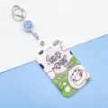 Cute cartoon cow ID badge holder with retractable lanyard, student bus card protective case and keychain. - Peach Cow / White Retractable Badge Clip (Blue Smiley)
